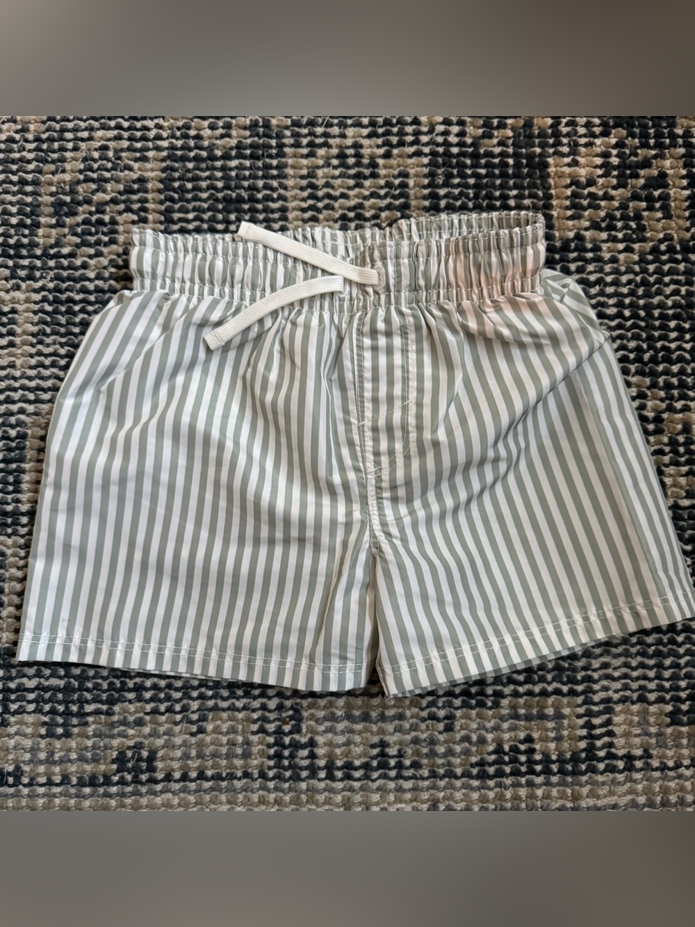 Little Boys H&M Striped Drawstring Swim Trunks in Sage Green and White 18M/2T
